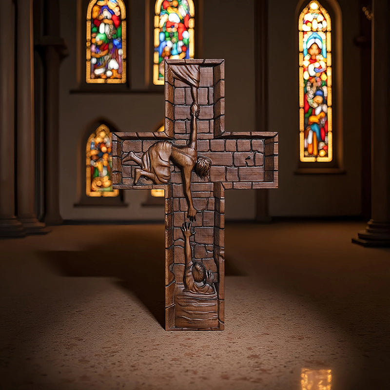 Hand Carved Savior Jesus Cross - Natural Wood Redemption Scene Religious Art & Christian Spiritual Home Altar - QIADGE