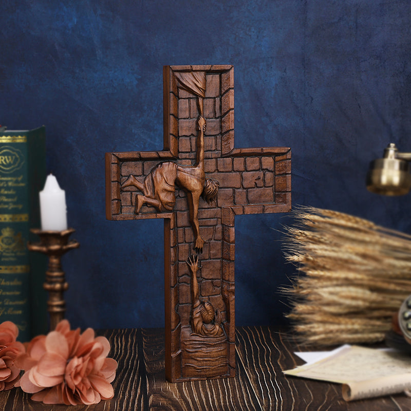Hand Carved Savior Jesus Cross - Natural Wood Redemption Scene Religious Art & Christian Spiritual Home Altar - QIADGE