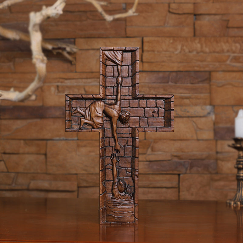 Hand Carved Savior Jesus Cross - Natural Wood Redemption Scene Religious Art & Christian Spiritual Home Altar - QIADGE
