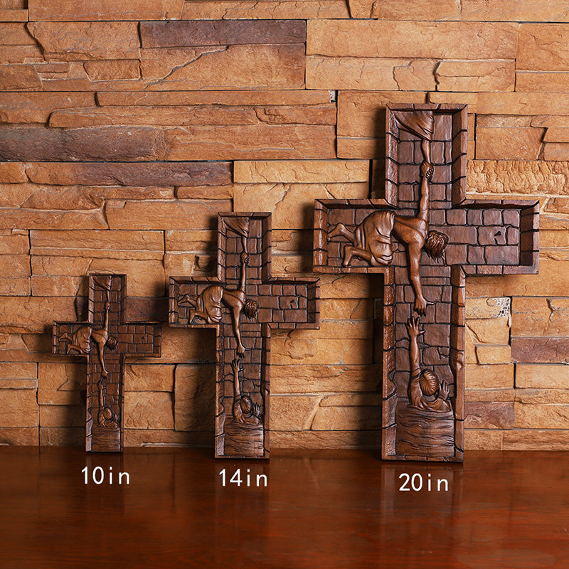 Hand Carved Savior Jesus Cross - Natural Wood Redemption Scene Religious Art & Christian Spiritual Home Altar - QIADGE
