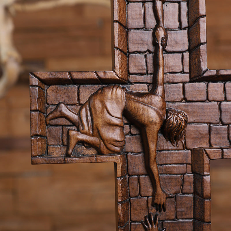 Hand Carved Savior Jesus Cross - Natural Wood Redemption Scene Religious Art & Christian Spiritual Home Altar - QIADGE