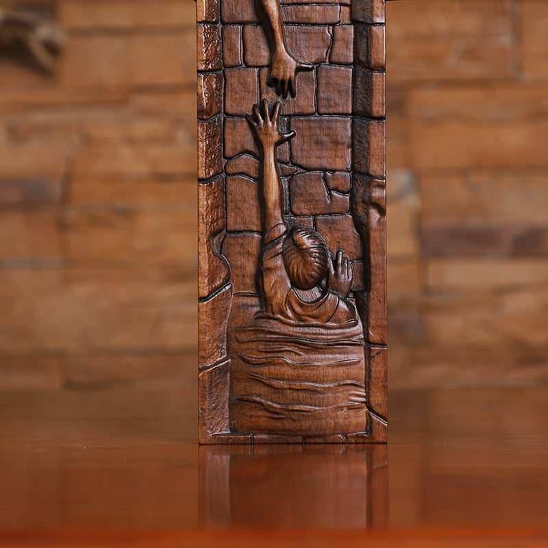 Hand Carved Savior Jesus Cross - Natural Wood Redemption Scene Religious Art & Christian Spiritual Home Altar - QIADGE