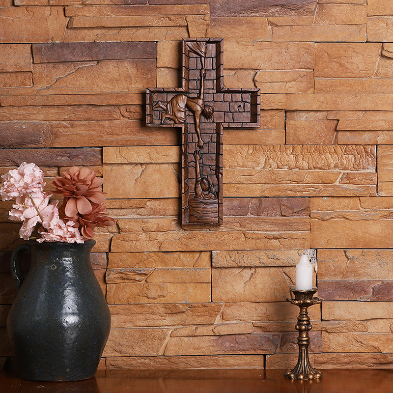 Hand Carved Savior Jesus Cross - Natural Wood Redemption Scene Religious Art & Christian Spiritual Home Altar - QIADGE