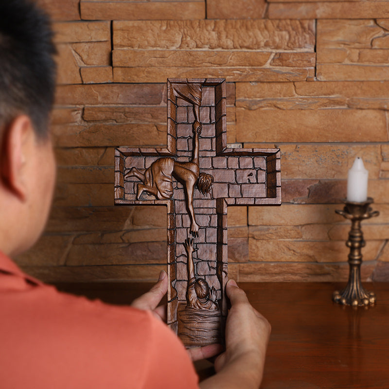 Hand Carved Savior Jesus Cross - Natural Wood Redemption Scene Religious Art & Christian Spiritual Home Altar - QIADGE