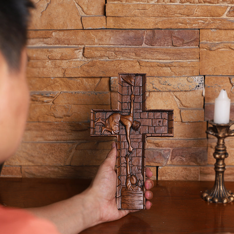 Hand Carved Savior Jesus Cross - Natural Wood Redemption Scene Religious Art & Christian Spiritual Home Altar - QIADGE