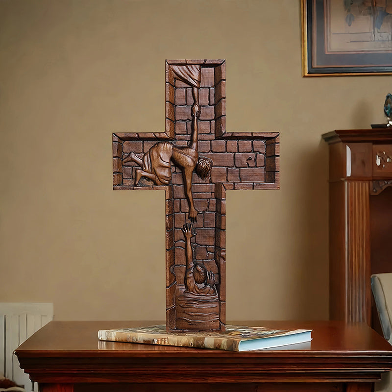 Hand Carved Savior Jesus Cross - Natural Wood Redemption Scene Religious Art & Christian Spiritual Home Altar - QIADGE