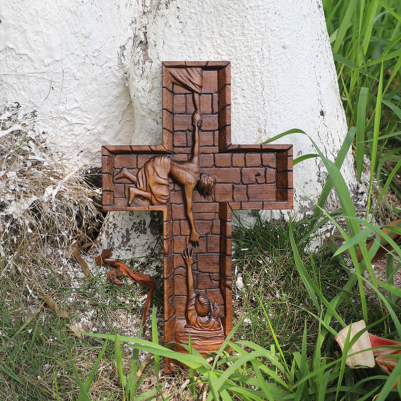 Hand Carved Savior Jesus Cross - Natural Wood Redemption Scene Religious Art & Christian Spiritual Home Altar - QIADGE