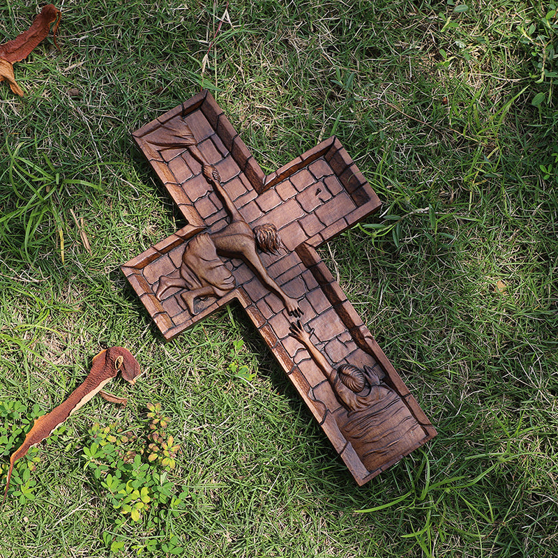 Hand Carved Savior Jesus Cross - Natural Wood Redemption Scene Religious Art & Christian Spiritual Home Altar - QIADGE
