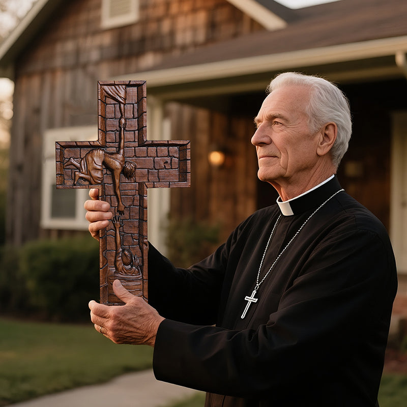 Hand Carved Savior Jesus Cross - Natural Wood Redemption Scene Religious Art & Christian Spiritual Home Altar - QIADGE