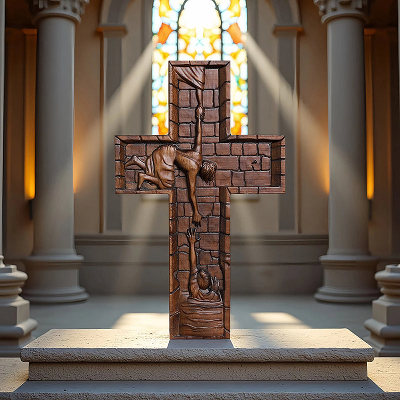 Hand Carved Savior Jesus Cross - Natural Wood Redemption Scene Religious Art & Christian Spiritual Home Altar - QIADGE