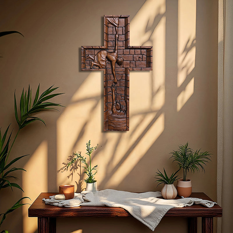 Hand Carved Savior Jesus Cross - Natural Wood Redemption Scene Religious Art & Christian Spiritual Home Altar - QIADGE