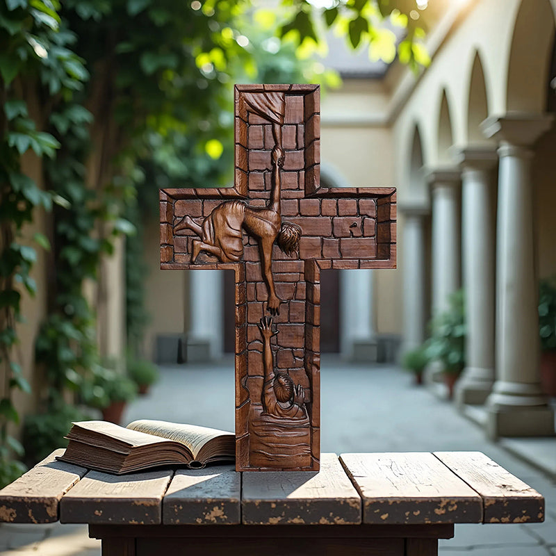Hand Carved Savior Jesus Cross - Natural Wood Redemption Scene Religious Art & Christian Spiritual Home Altar - QIADGE
