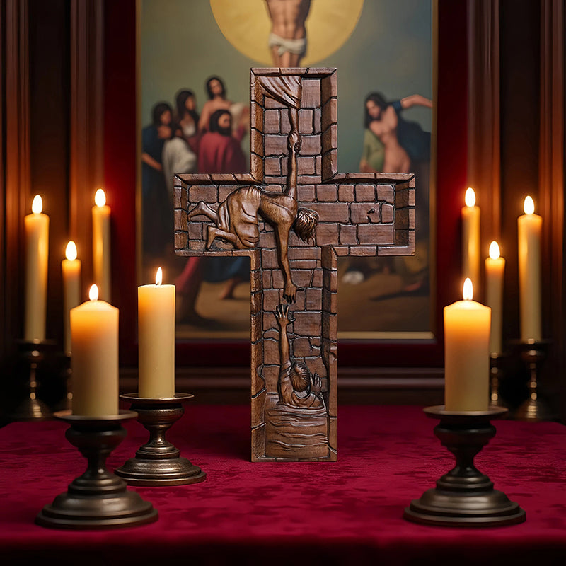 Hand Carved Savior Jesus Cross - Natural Wood Redemption Scene Religious Art & Christian Spiritual Home Altar - QIADGE