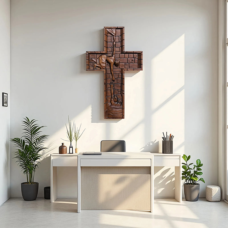 Hand Carved Savior Jesus Cross - Natural Wood Redemption Scene Religious Art & Christian Spiritual Home Altar - QIADGE