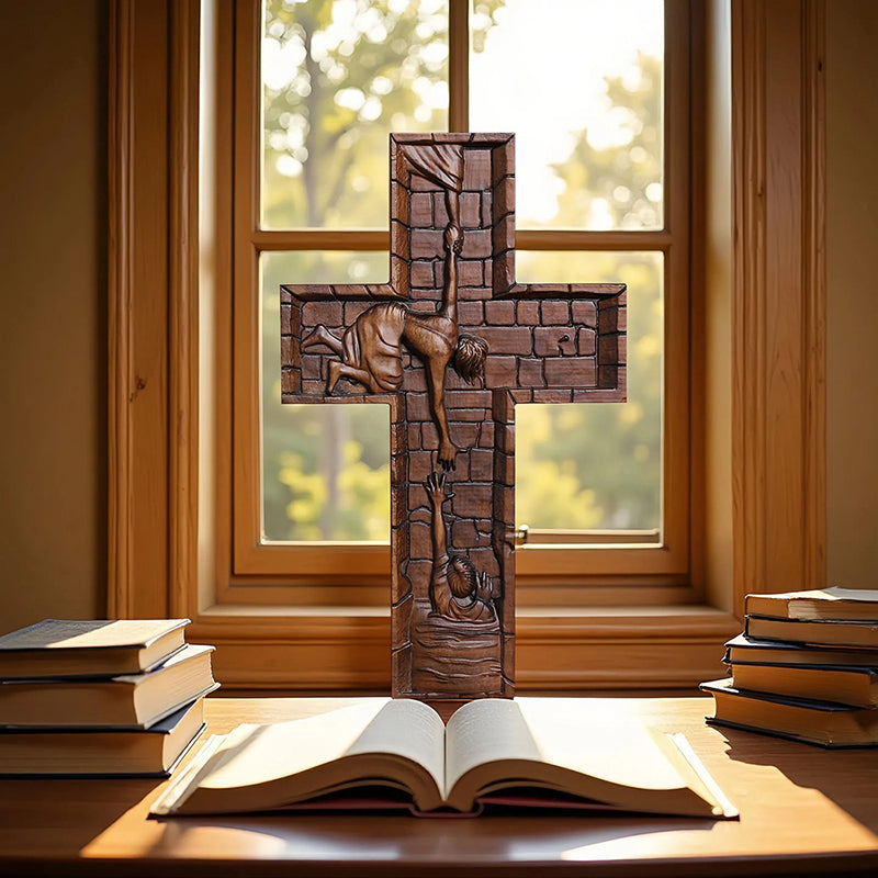 Hand Carved Savior Jesus Cross - Natural Wood Redemption Scene Religious Art & Christian Spiritual Home Altar - QIADGE