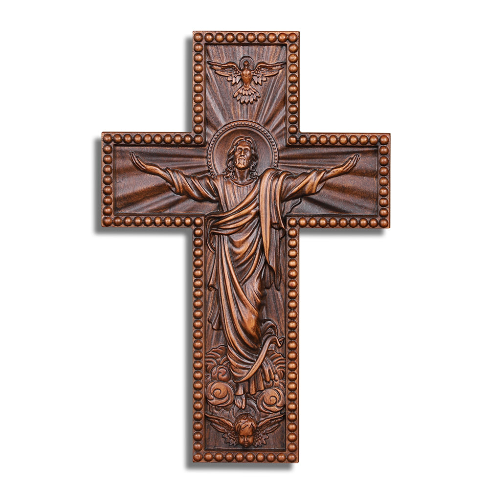 Hand Carved Jesus Ascension Cross - Wooden Wall Crucifix for Christian Decor - QIADGE
