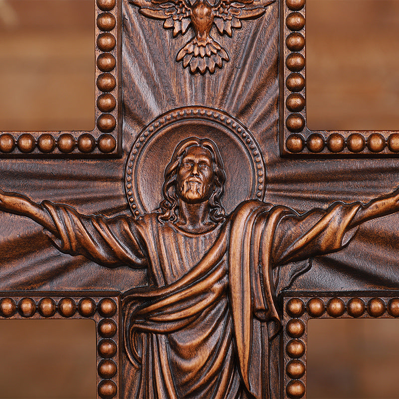 Hand Carved Jesus Ascension Cross - Wooden Wall Crucifix for Christian Decor - QIADGE