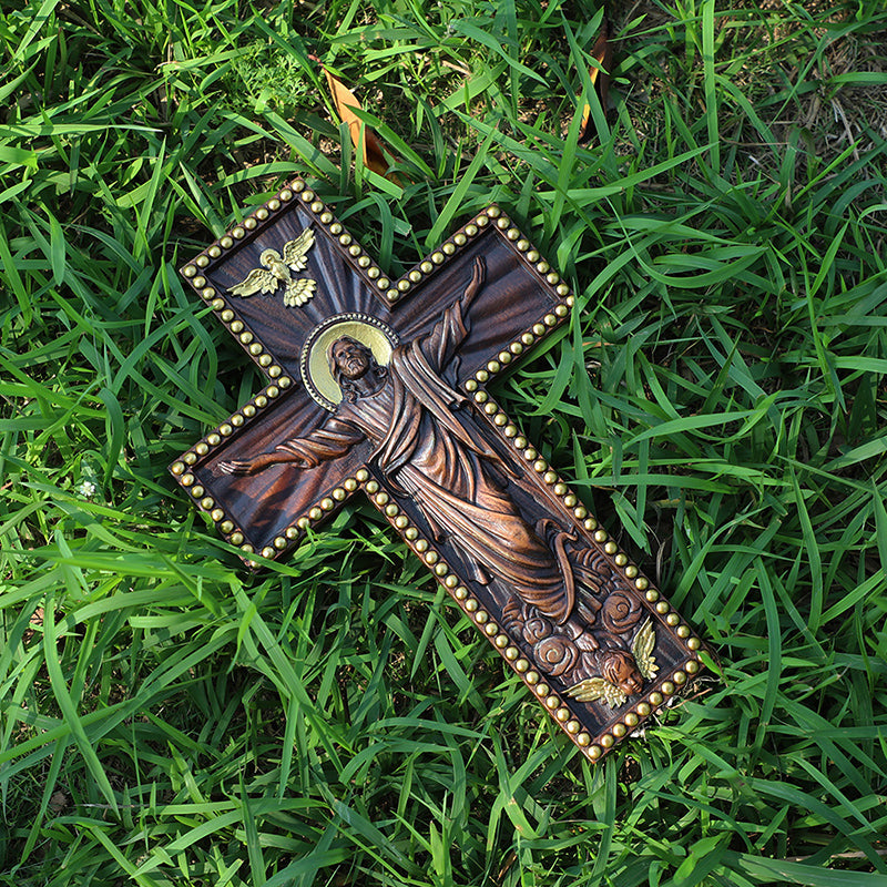 Hand Carved Jesus Ascension Cross - Wooden Wall Crucifix for Christian Decor - QIADGE