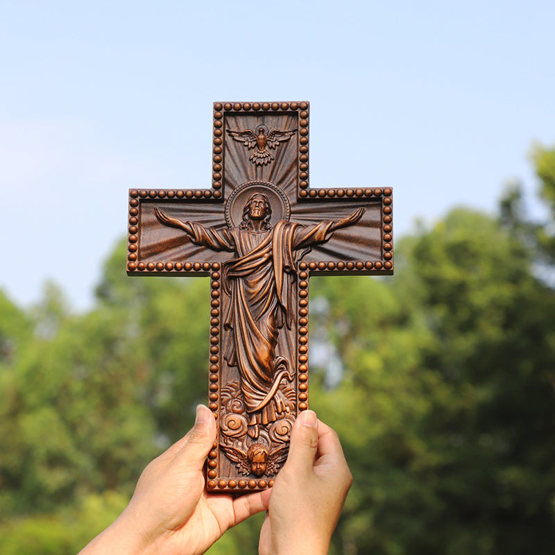 Hand Carved Jesus Ascension Cross - Wooden Wall Crucifix for Christian Decor - QIADGE