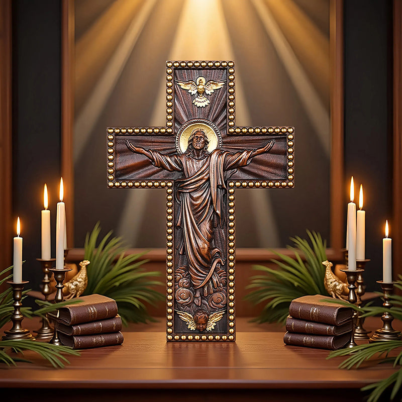 Hand Carved Jesus Ascension Cross - Wooden Wall Crucifix for Christian Decor - QIADGE