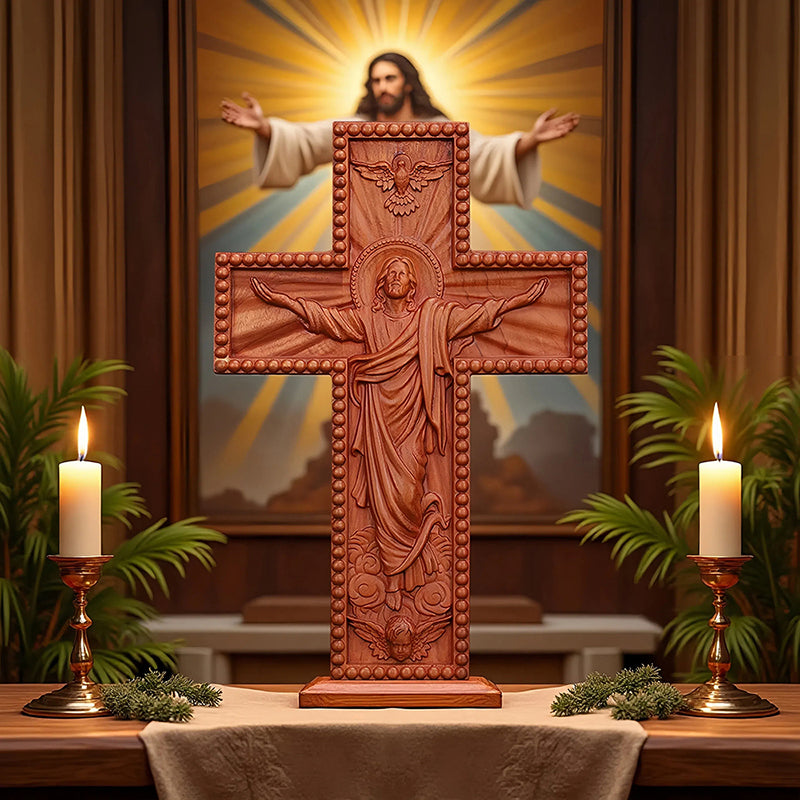 Hand Carved Jesus Ascension Cross - Wooden Wall Crucifix for Christian Decor - QIADGE