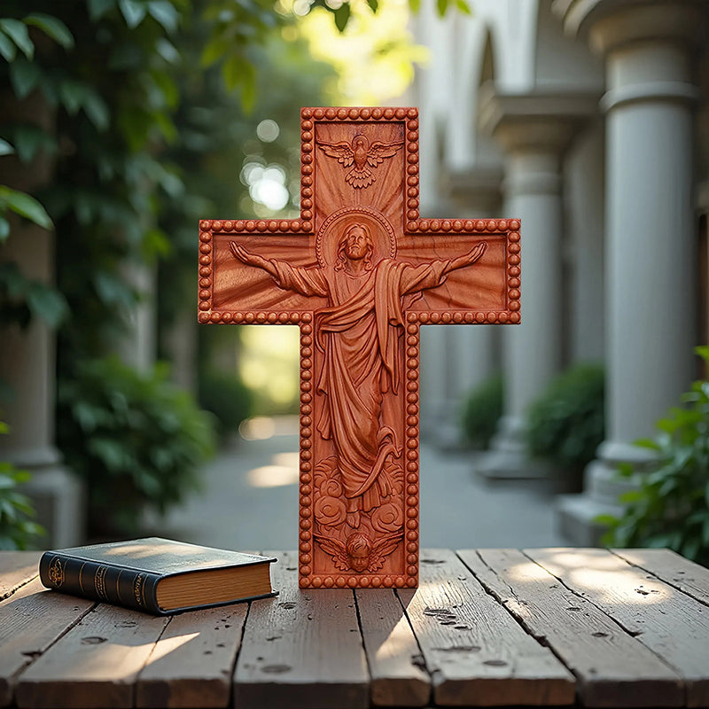 Hand Carved Jesus Ascension Cross - Wooden Wall Crucifix for Christian Decor - QIADGE