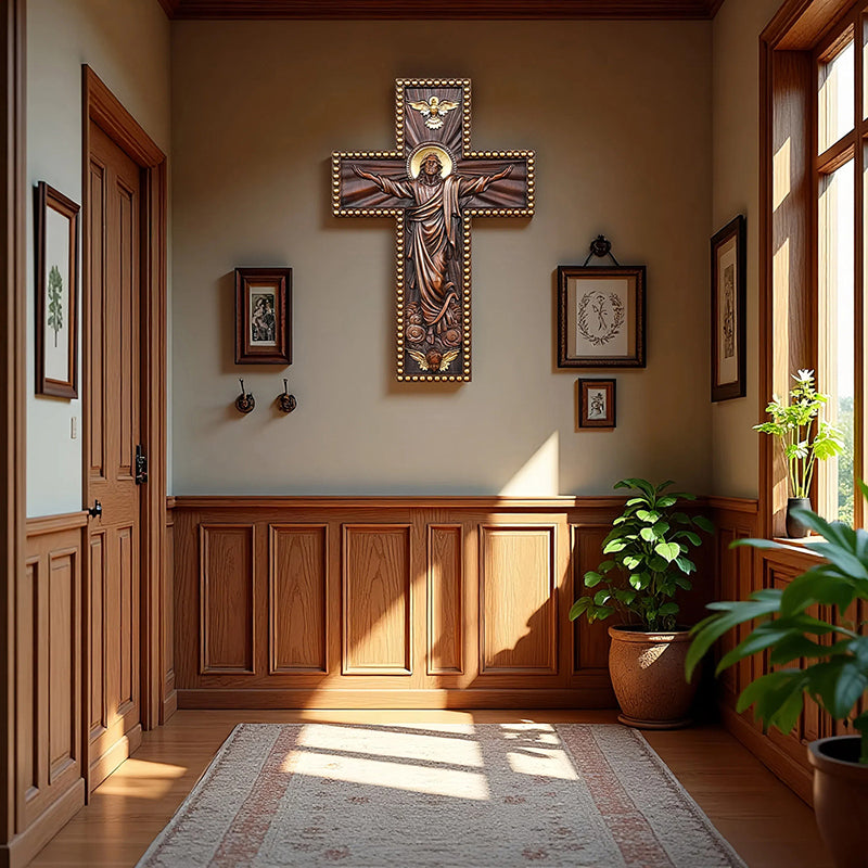 Hand Carved Jesus Ascension Cross - Wooden Wall Crucifix for Christian Decor - QIADGE