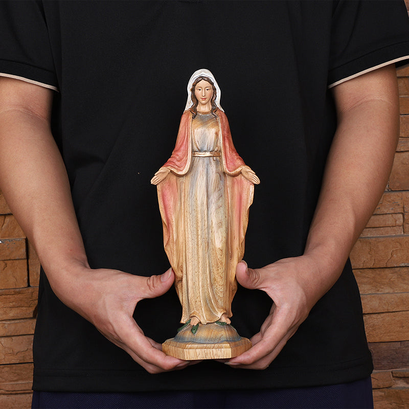 Hand-Painted Virgin Mary Wooden Statue｜Blessing Hands Orans Pose｜Home Altar Decor - QIADGE