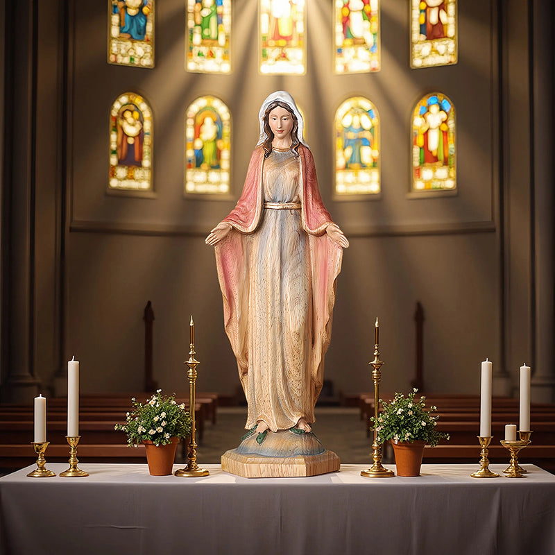 Hand-Painted Virgin Mary Wooden Statue｜Blessing Hands Orans Pose｜Home Altar Decor - QIADGE