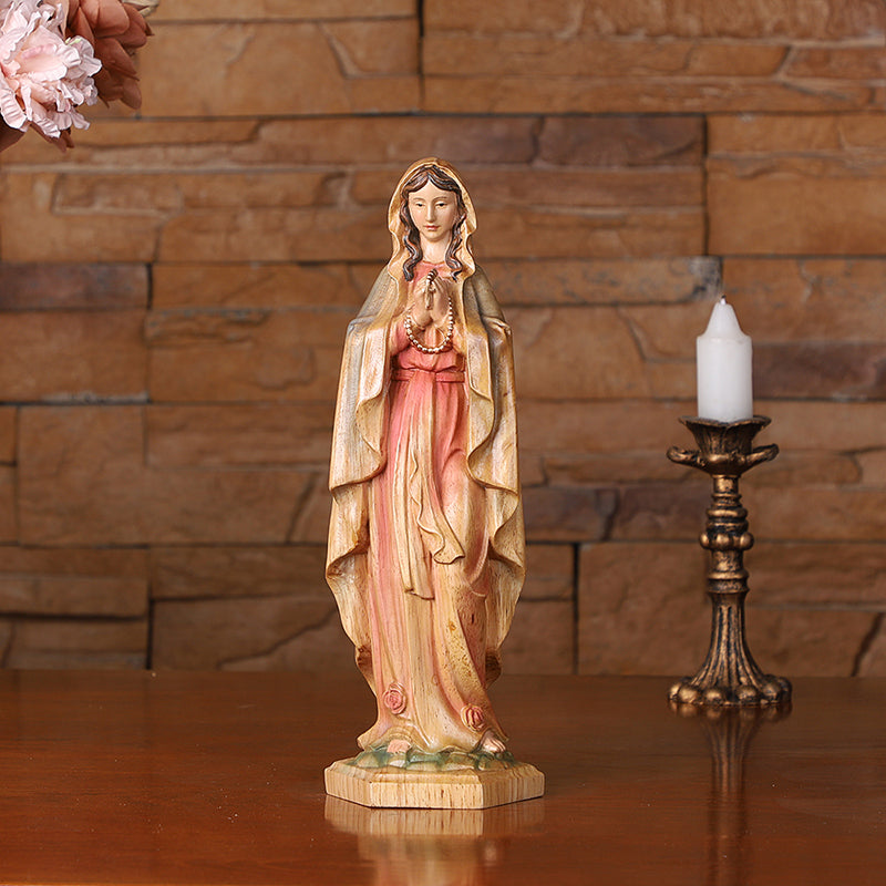 Hand-Painted Virgin Mary Statue - Catholic Praying Hands with Crucifix Necklace - Wood Carving Religious Art - QIADGE