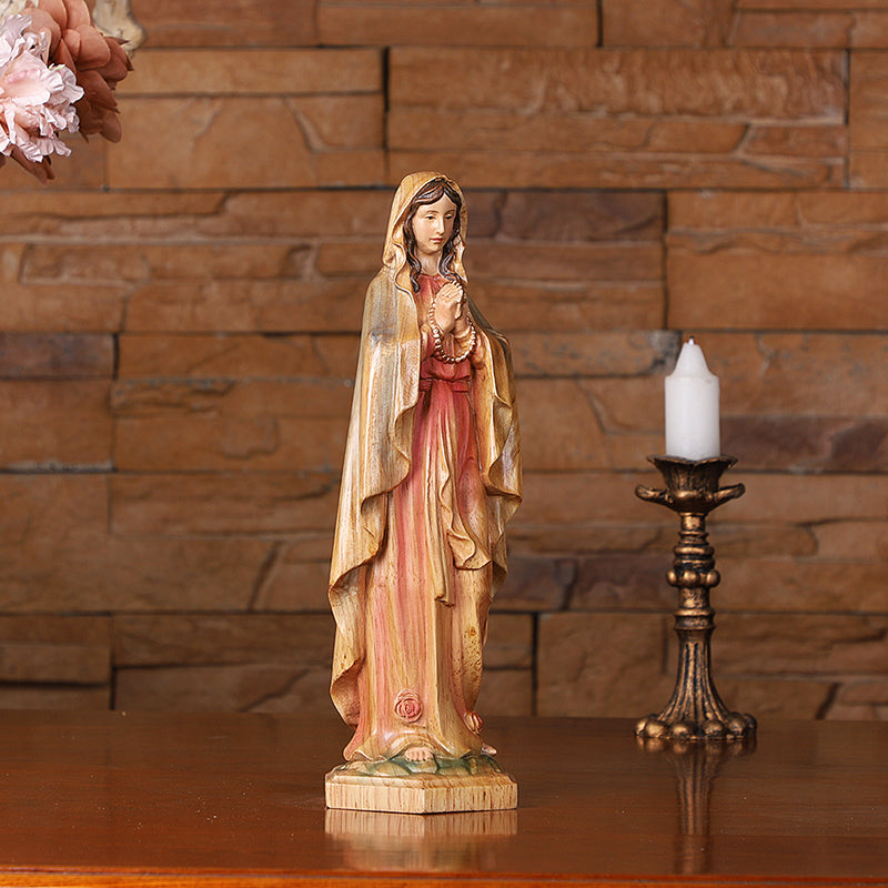 Hand-Painted Virgin Mary Statue - Catholic Praying Hands with Crucifix Necklace - Wood Carving Religious Art - QIADGE