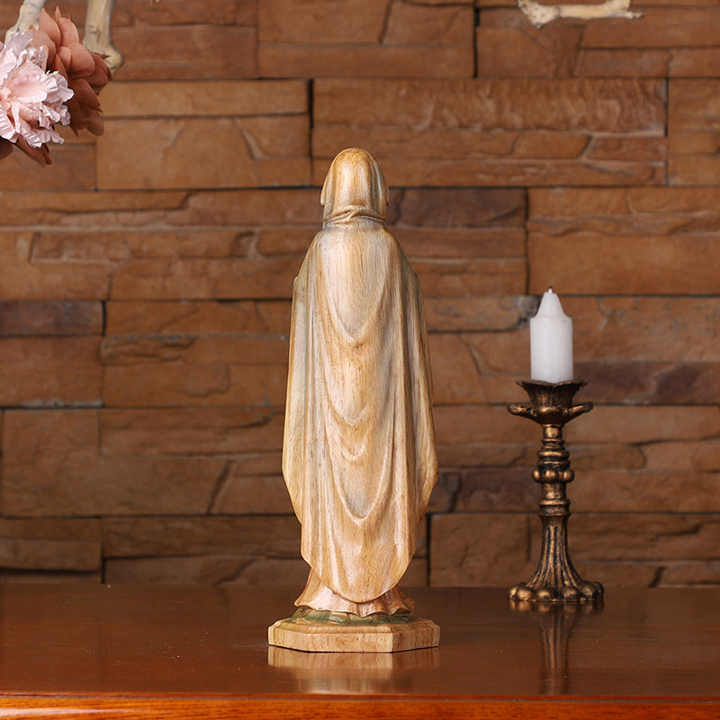 Hand-Painted Virgin Mary Statue - Catholic Praying Hands with Crucifix Necklace - Wood Carving Religious Art - QIADGE