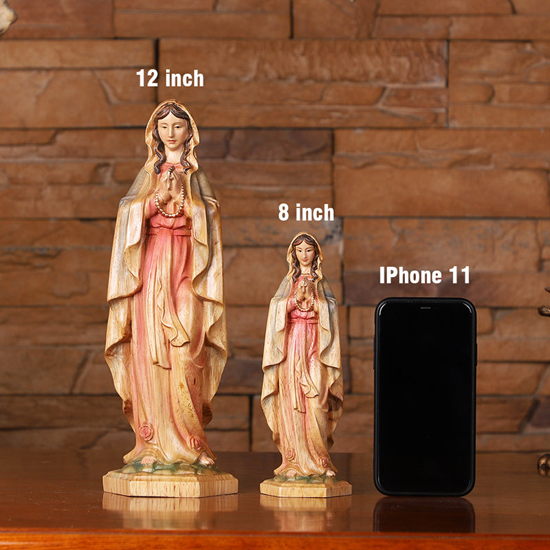 Hand-Painted Virgin Mary Statue - Catholic Praying Hands with Crucifix Necklace - Wood Carving Religious Art - QIADGE