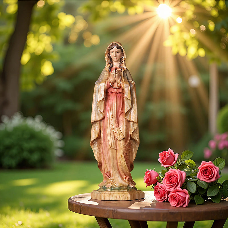 Hand-Painted Virgin Mary Statue - Catholic Praying Hands with Crucifix Necklace - Wood Carving Religious Art - QIADGE