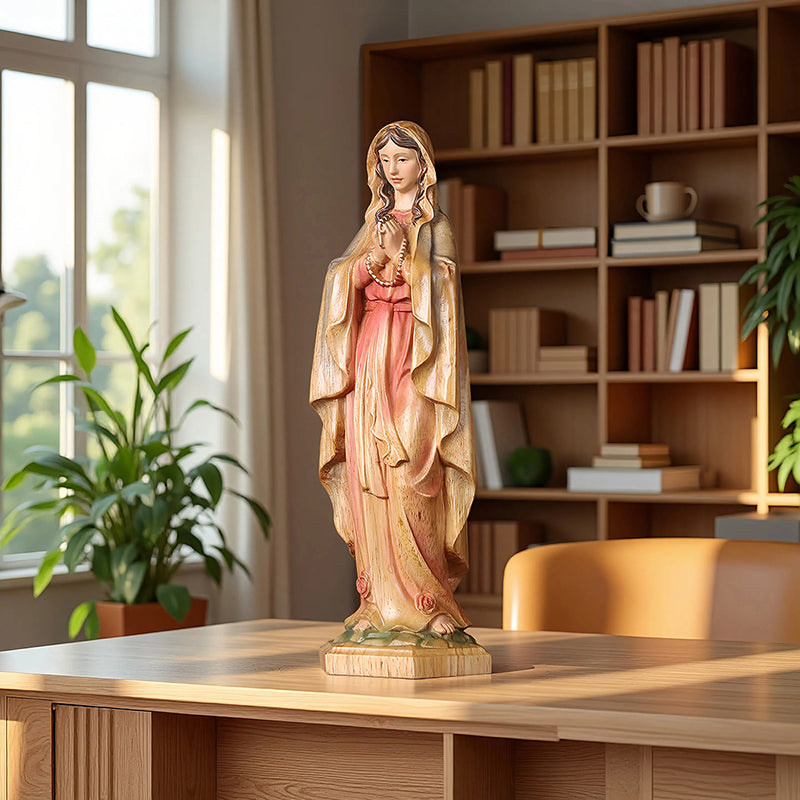 Hand-Painted Virgin Mary Statue - Catholic Praying Hands with Crucifix Necklace - Wood Carving Religious Art - QIADGE
