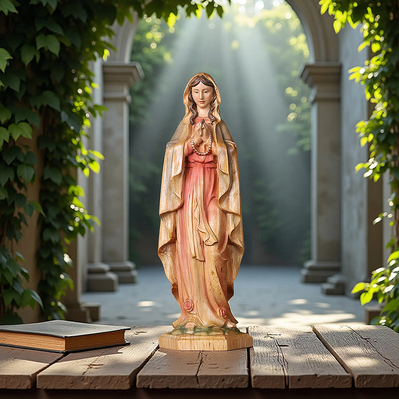 Hand-Painted Virgin Mary Statue - Catholic Praying Hands with Crucifix Necklace - Wood Carving Religious Art - QIADGE