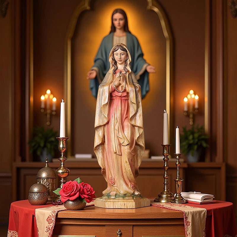 Hand-Painted Virgin Mary Statue - Catholic Praying Hands with Crucifix Necklace - Wood Carving Religious Art - QIADGE