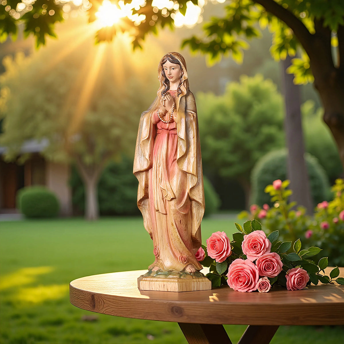 Hand-Painted Virgin Mary Statue - Catholic Praying Hands with Crucifix Necklace - Wood Carving Religious Art - QIADGE