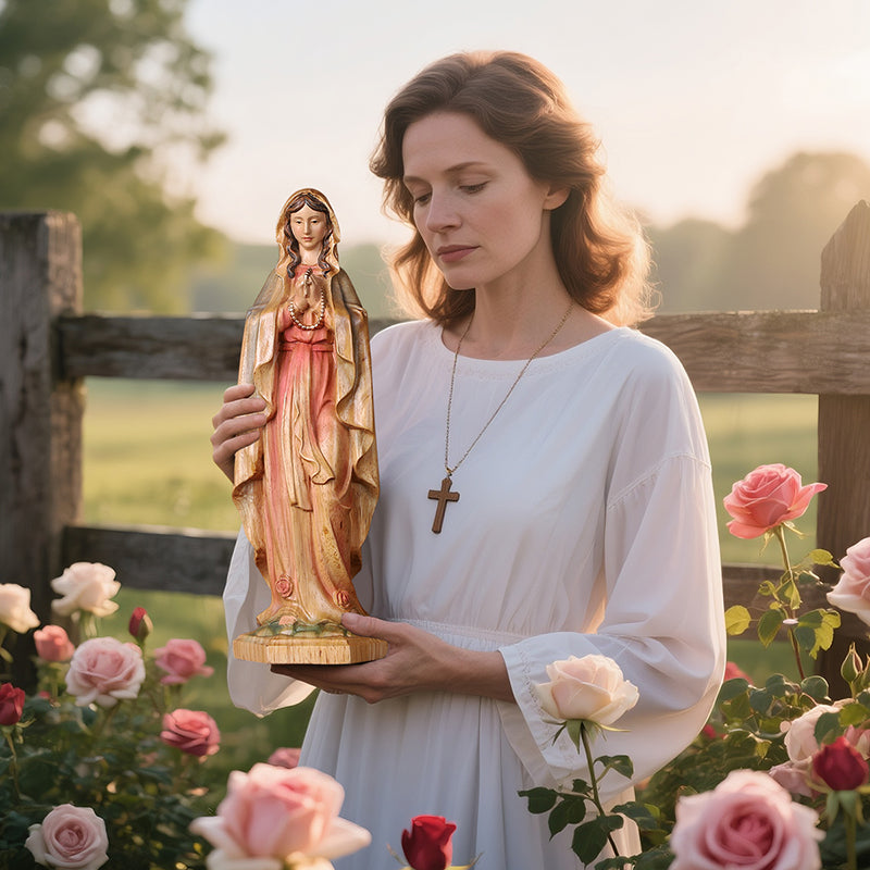 Hand-Painted Virgin Mary Statue - Catholic Praying Hands with Crucifix Necklace - Wood Carving Religious Art - QIADGE