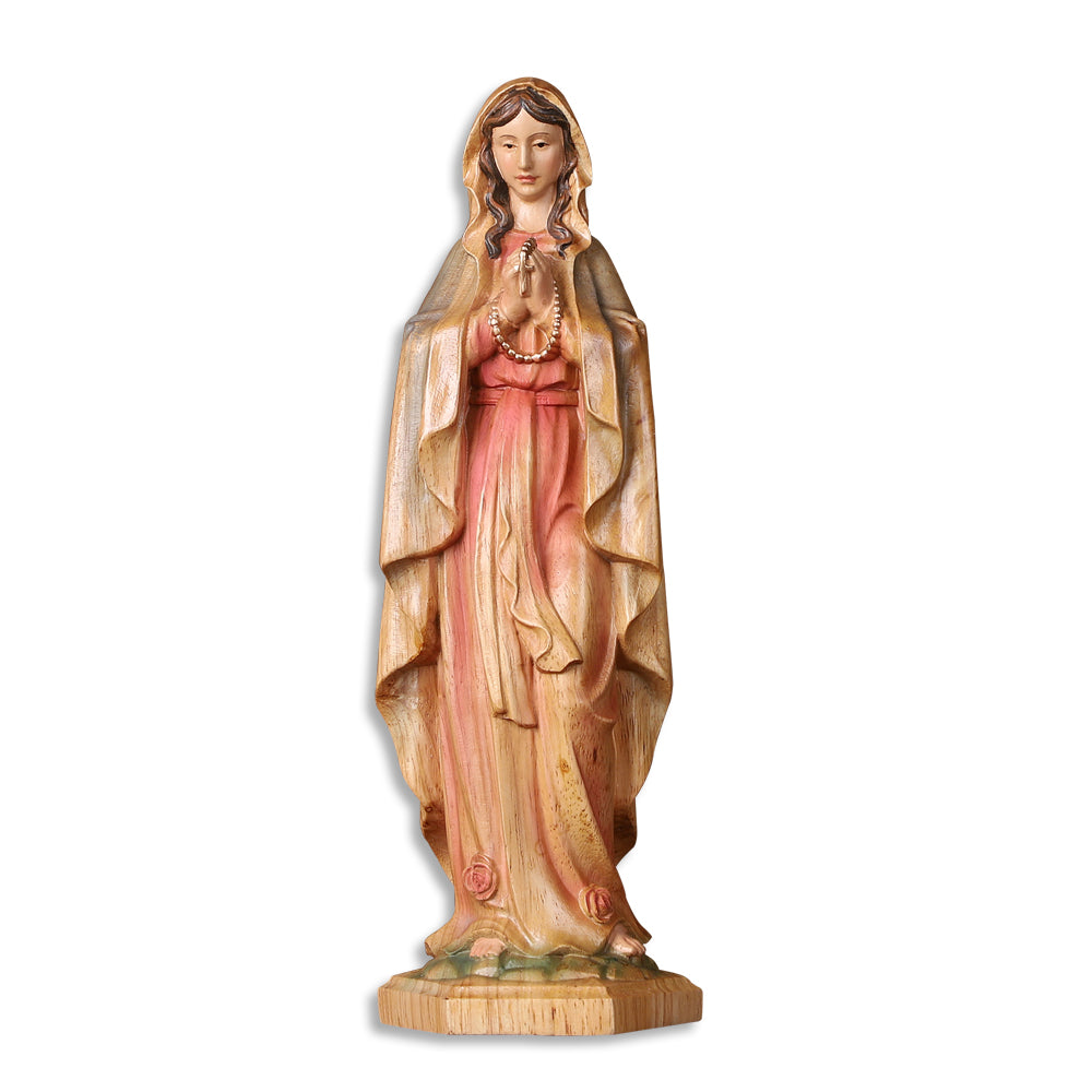 Hand-Painted Virgin Mary Statue - Catholic Praying Hands with Crucifix Necklace - Wood Carving Religious Art - QIADGE