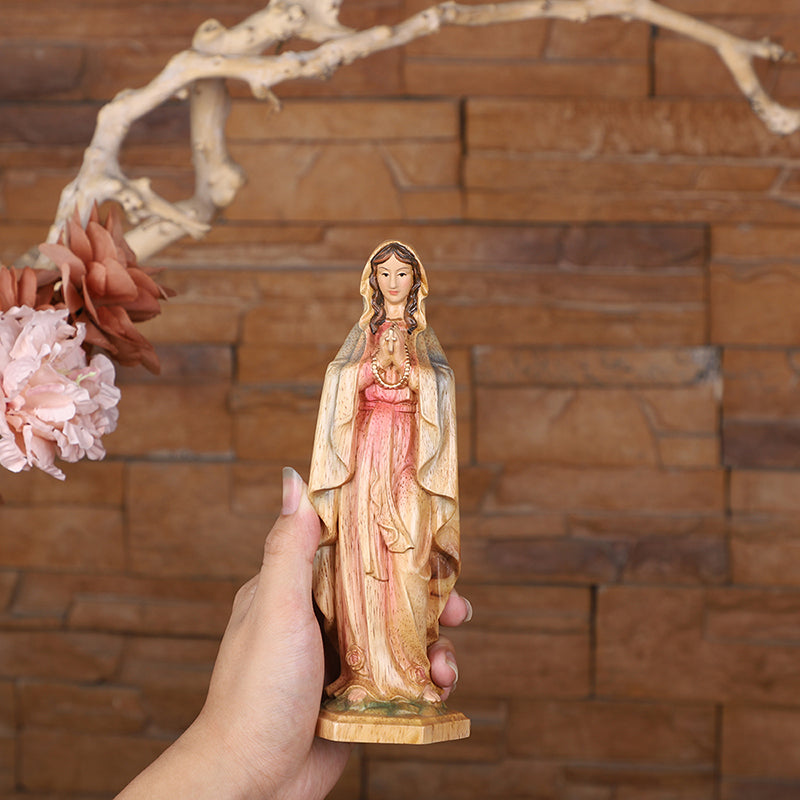 Hand-Painted Virgin Mary Statue - Catholic Praying Hands with Crucifix Necklace - Wood Carving Religious Art - QIADGE