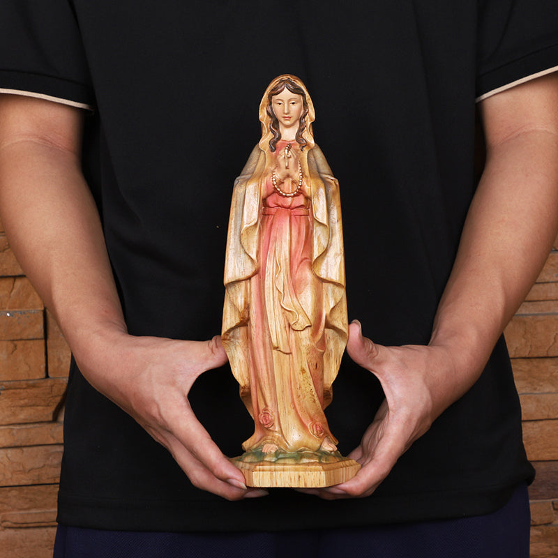 Hand-Painted Virgin Mary Statue - Catholic Praying Hands with Crucifix Necklace - Wood Carving Religious Art - QIADGE