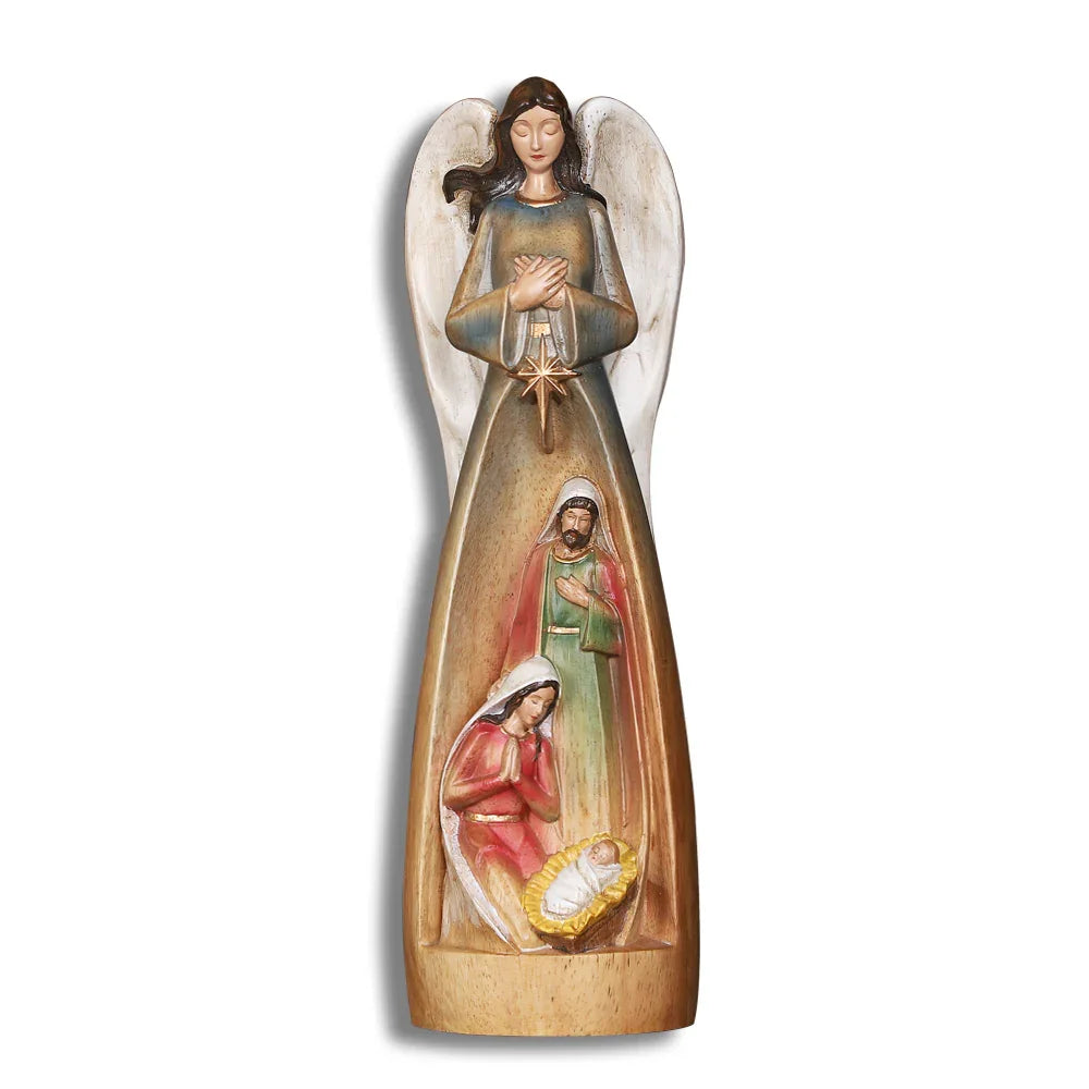 Hand-Carved Guardian Angel Statue - Painted Wooden Religious Art, Home Blessing Decor Gift - QIADGE