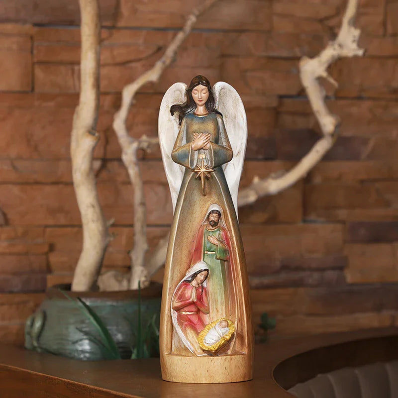 Hand-Carved Guardian Angel Statue - Painted Wooden Religious Art, Home Blessing Decor Gift - QIADGE