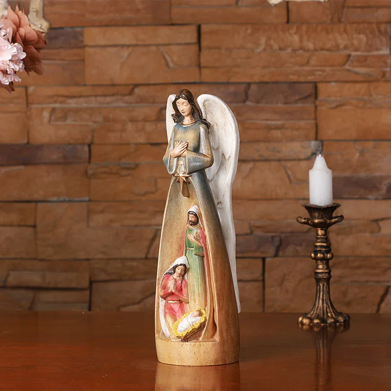 Hand-Carved Guardian Angel Statue - Painted Wooden Religious Art, Home Blessing Decor Gift - QIADGE