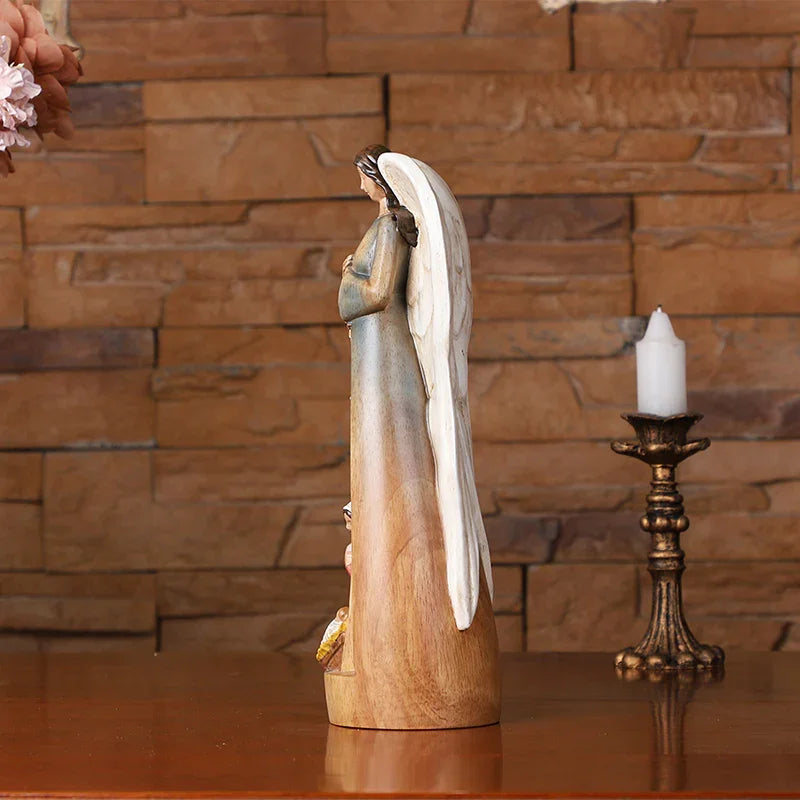 Hand-Carved Guardian Angel Statue - Painted Wooden Religious Art, Home Blessing Decor Gift - QIADGE