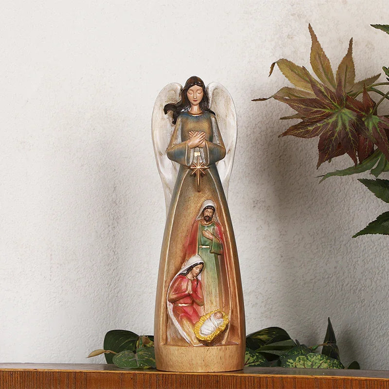 Hand-Carved Guardian Angel Statue - Painted Wooden Religious Art, Home Blessing Decor Gift - QIADGE