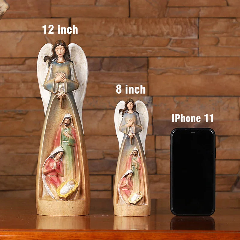 Hand-Carved Guardian Angel Statue - Painted Wooden Religious Art, Home Blessing Decor Gift - QIADGE