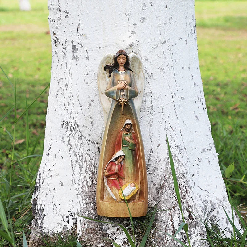 Hand-Carved Guardian Angel Statue - Painted Wooden Religious Art, Home Blessing Decor Gift - QIADGE