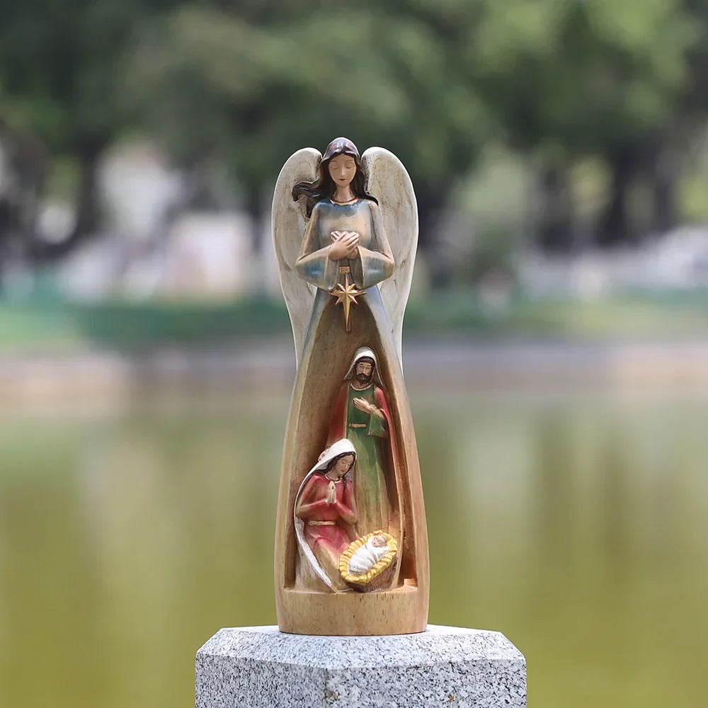 Hand-Carved Guardian Angel Statue - Painted Wooden Religious Art, Home Blessing Decor Gift - QIADGE